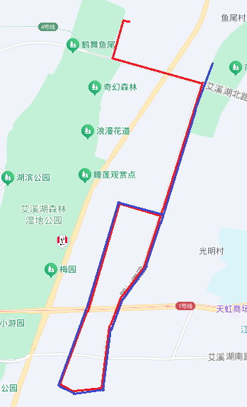（注：红色路线为调整后线路走向，蓝色路线为原线路走向）