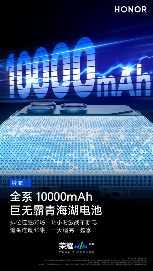 荣耀WIN系列全球首发10000mAh电池:史无前例