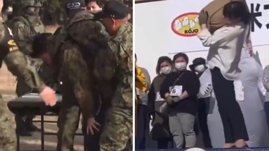 日防相背80斤背包脸憋通红，被女大臣轻松扛起80斤大米碾压对比