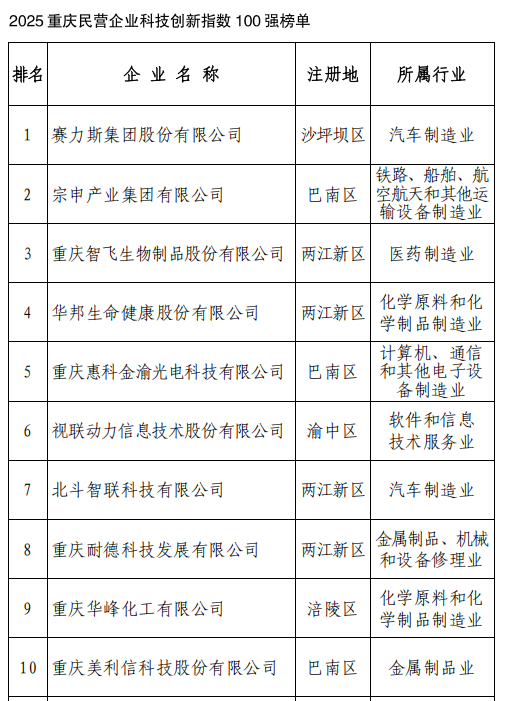 ▲2025重庆民营企业科技创新指数100强榜单前十位。受访单位供图