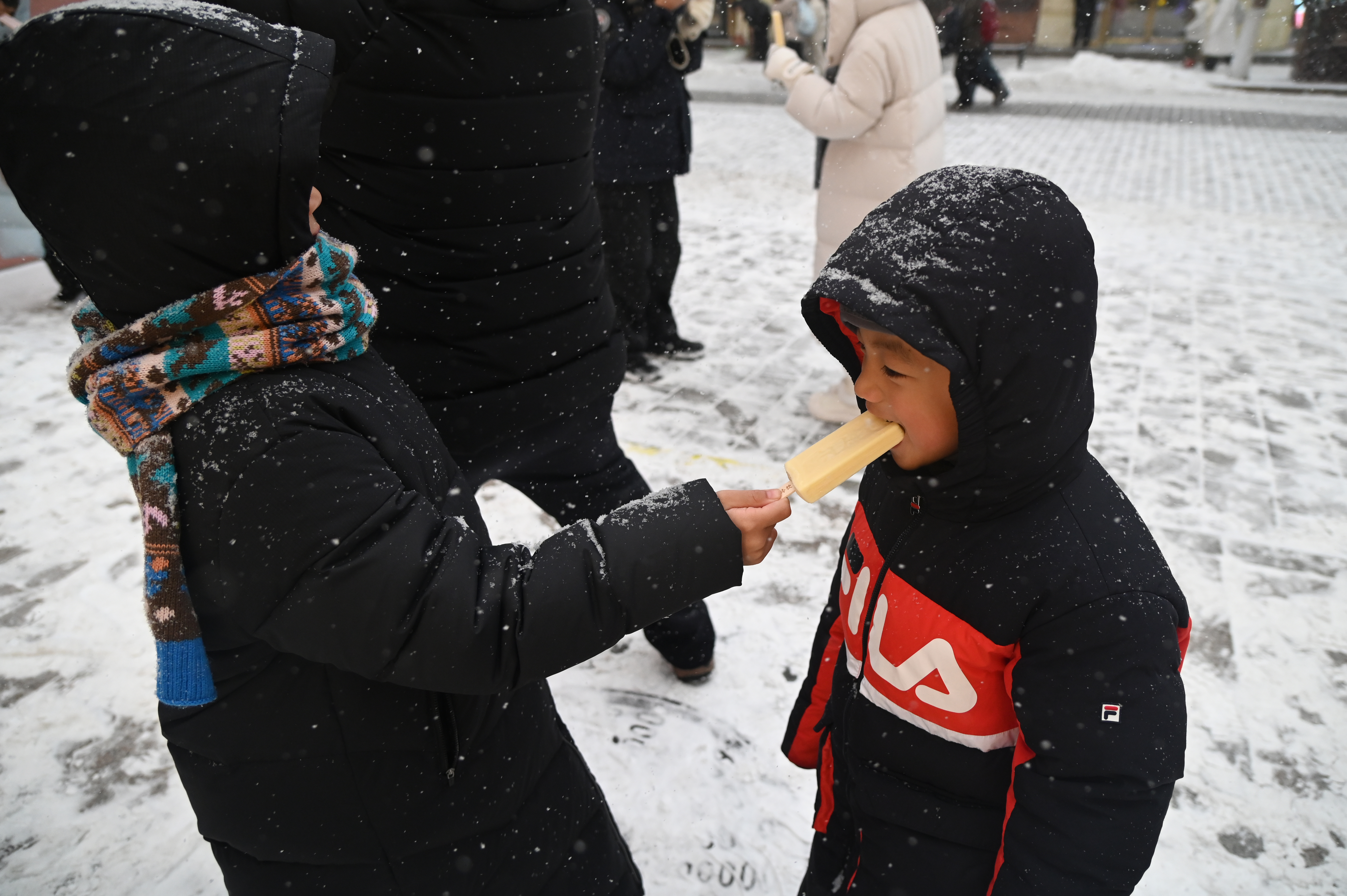 哥哥和弟弟在分享马迭尔冰棍