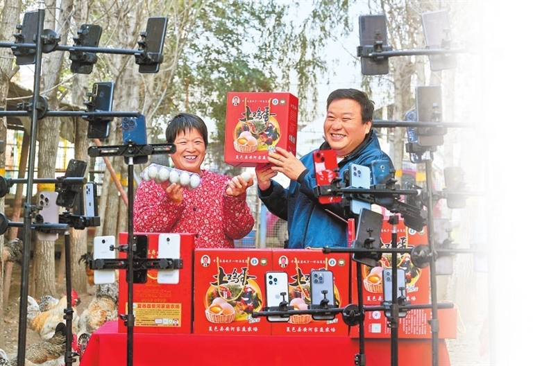 夏邑縣太平鎮太平莊村安河農場，村民在直播出售土雞蛋。苗育才 攝