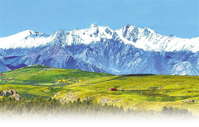 肃南县境内祁连山雪山巍峨耸立，白云飘飘碧空如洗、广袤翠绿的草原铺展至天际。新甘肃&middot;甘肃日报通讯员　王将