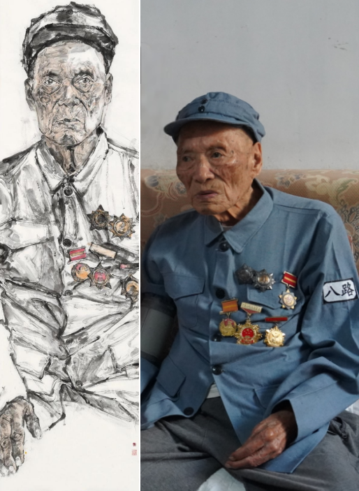 抗战老兵——辛保民 60cm*240cm 纸本水墨 2025年