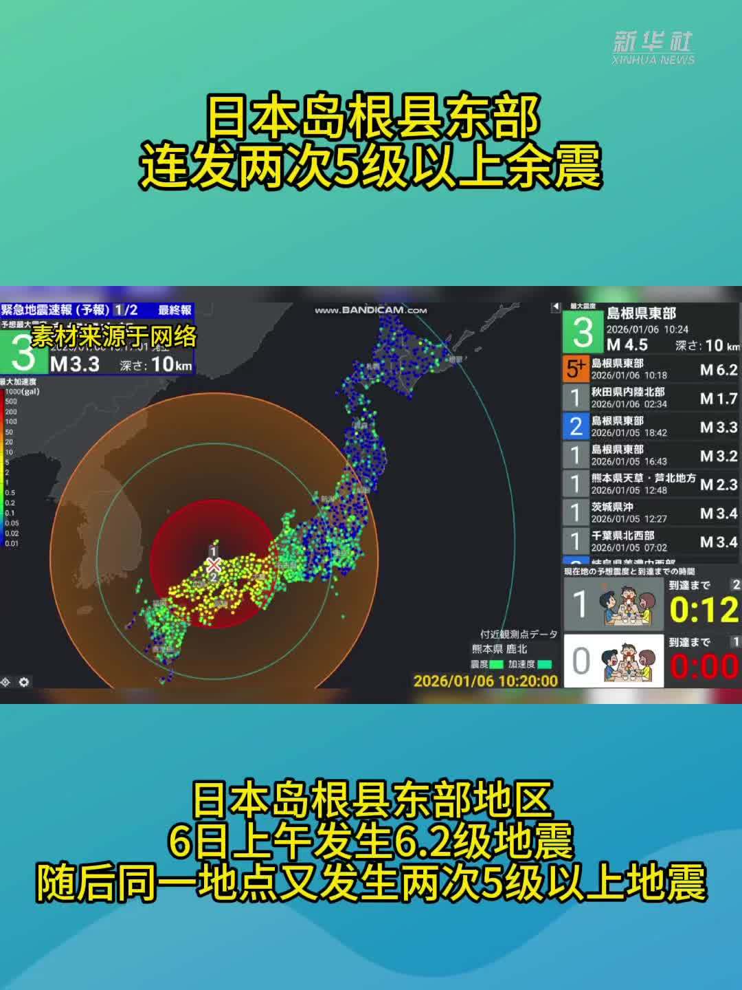 日本岛根县东部连发两次5级以上余震