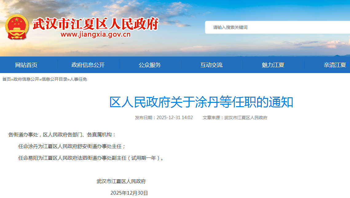 涉及2人！武汉市江夏区人民政府最新任职通知