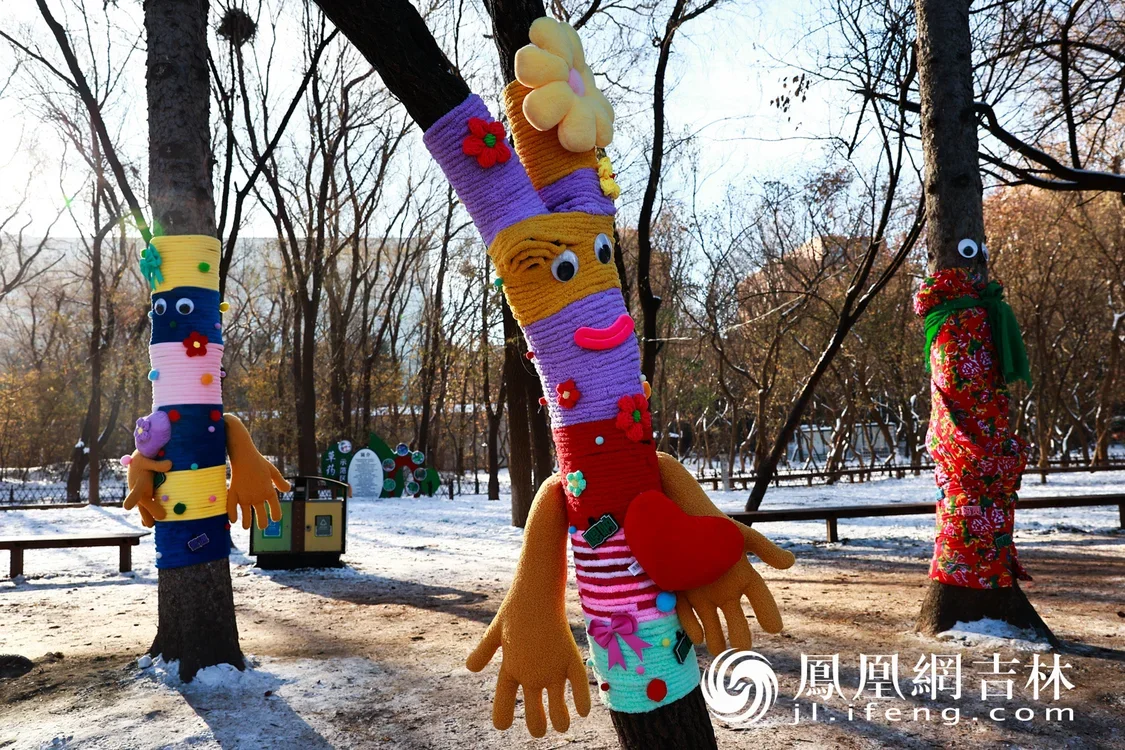 长春动植物公园内，穿上毛衣的树木更显可爱。