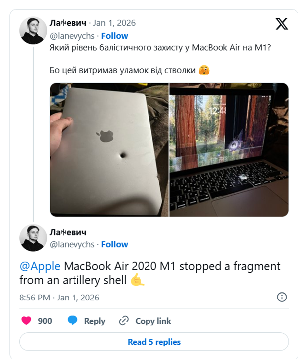 苹果救我一命!乌克兰士兵随身MacBook Air遭炮弹碎片击中还能正常运行