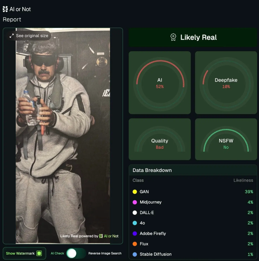 AI检测工具显示照片真实性存在不确定性