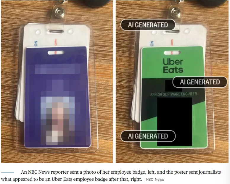 图说：据NBC报道：Reddit爆料者发给记者的“Uber Eats”工作证（右图），是拿NBC记者的证件照AI生成的