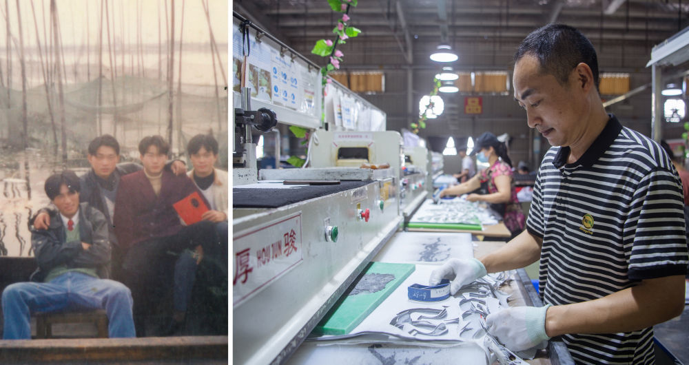 拼版照片：左图为1998年，湖北洪湖渔民陈玉祥（左一）与朋友在船上（资料照片）；右图为2023年7月21日，陈玉祥在湖北洪湖一家鞋业公司工作（新华社记者 伍志尊 摄）。陈玉祥曾经在洪湖里整日与渔网、船桨为伴，住船屋、守围网、养螃蟹、捕鱼虾。2017年，陈玉祥一家响应号召上岸，他用购房补贴、扶贫搬迁补偿和政府收购渔船的钱购置了住房，告别了在船屋上风吹雨淋的生活。后来在当地政府的帮助下，陈玉祥接受职业培训后到一家鞋业公司工作。新华社发