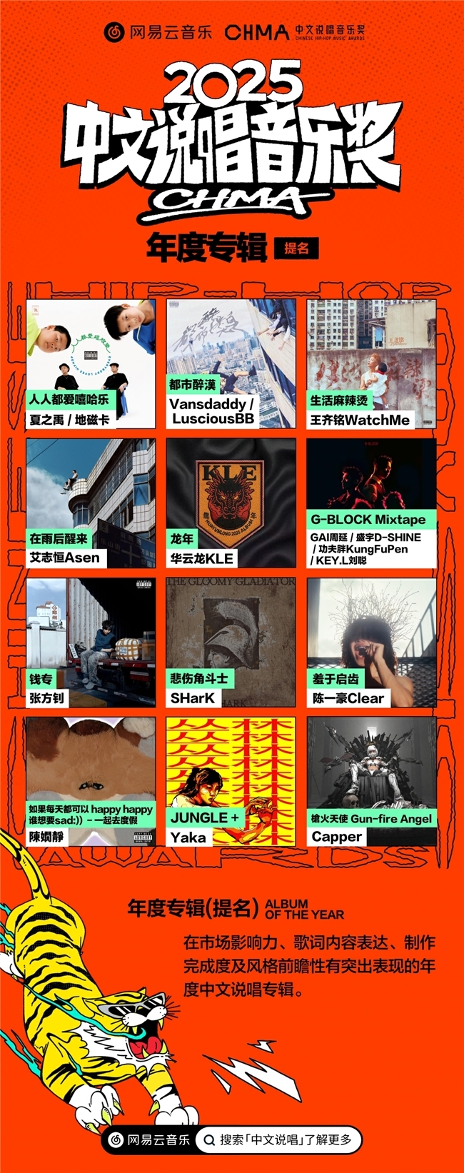 网易云音乐2025中文说唱音乐奖提名揭晓 艾志恒陈一豪华云龙夏之禹等均收获多项提名(图2)