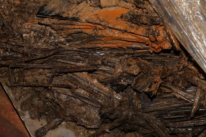 海昏侯墓出土的竹简在剥离前的样子（资料照片）。新华社发（江西省文物考古研究院供图）