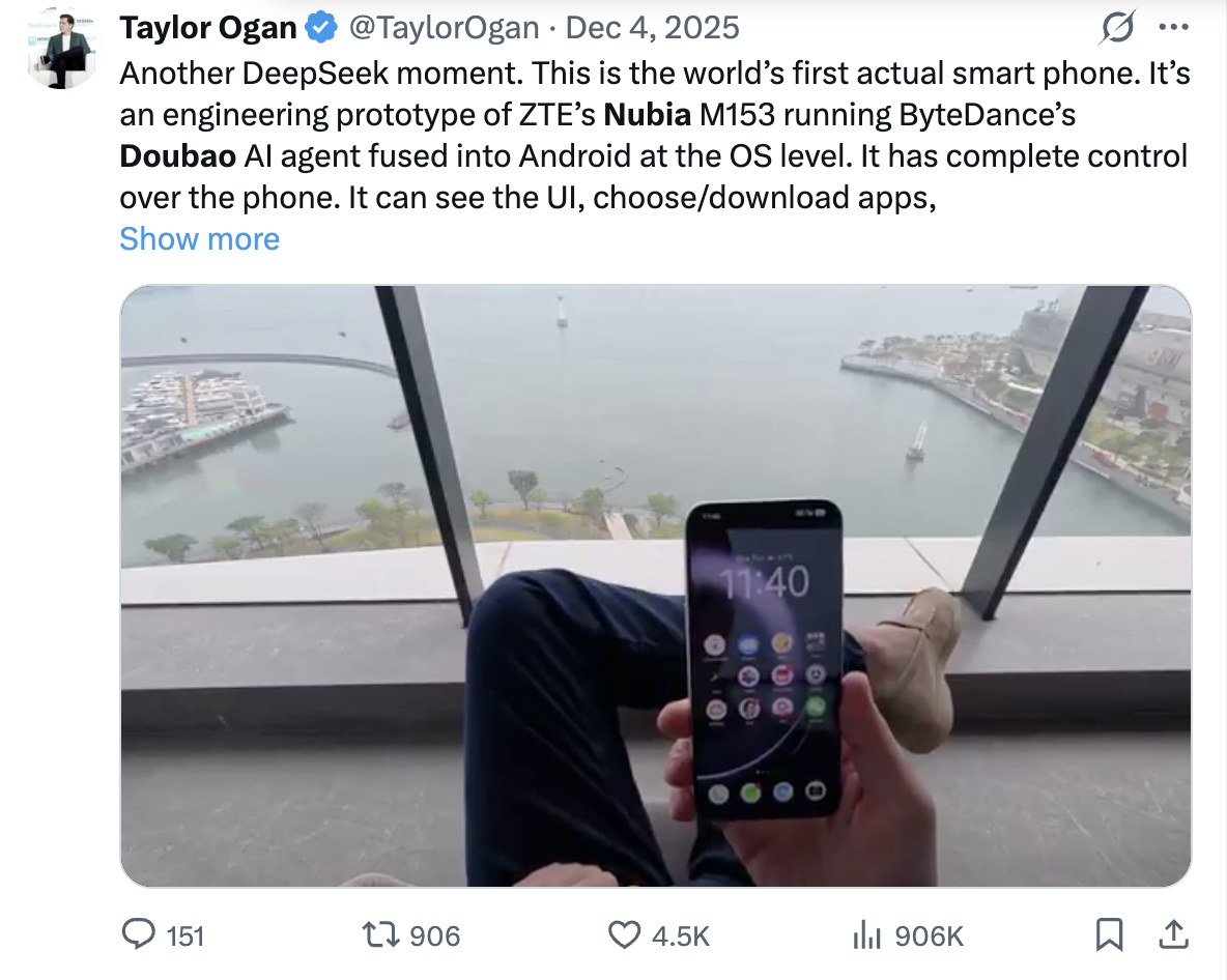 美国投资人Taylor Ogan实测豆包AI手机，帖子阅读量超过90万