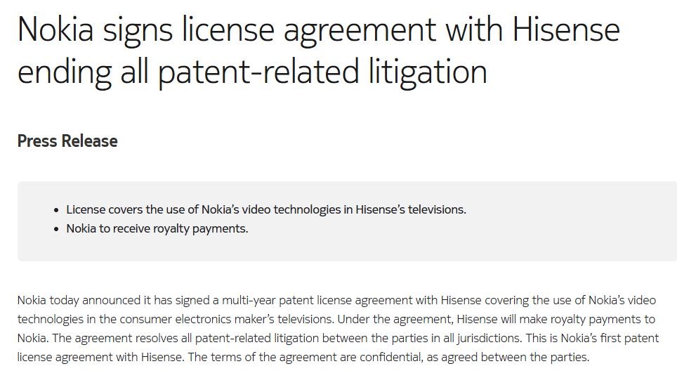 诺基亚与海信达成专利许可协议 结束所有相关诉讼