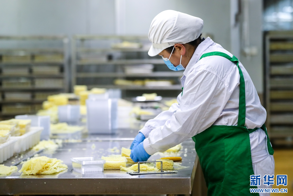 1月15日，在甘肃省陇南市徽县的甘肃兆丰农业开发有限责任公司生产车间，工作人员包装油炸豆皮。新华社记者　郎兵兵　摄