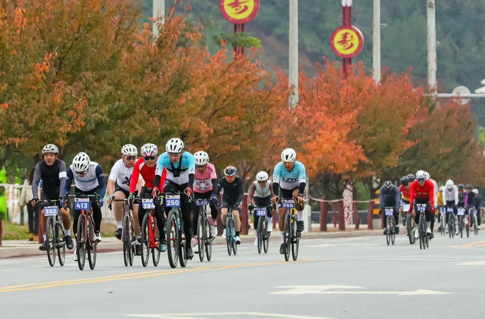 2025年10月26日,在甘肃省陇南市两当县“骑行红色热土·畅享绿色未来”2025第九届自行车公开赛中,选手在骑行。冉创昌 摄