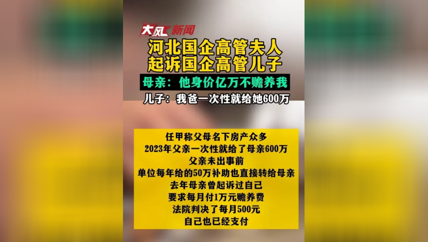 河北国企高管夫人起诉国企高管儿子母亲：他身价亿万不赡养我儿子：我爸一次性就给她600万