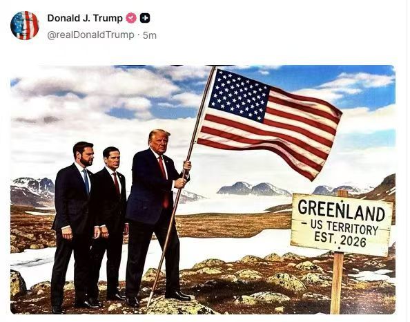 特朗普发布图片:手持美国国旗登上格陵兰岛