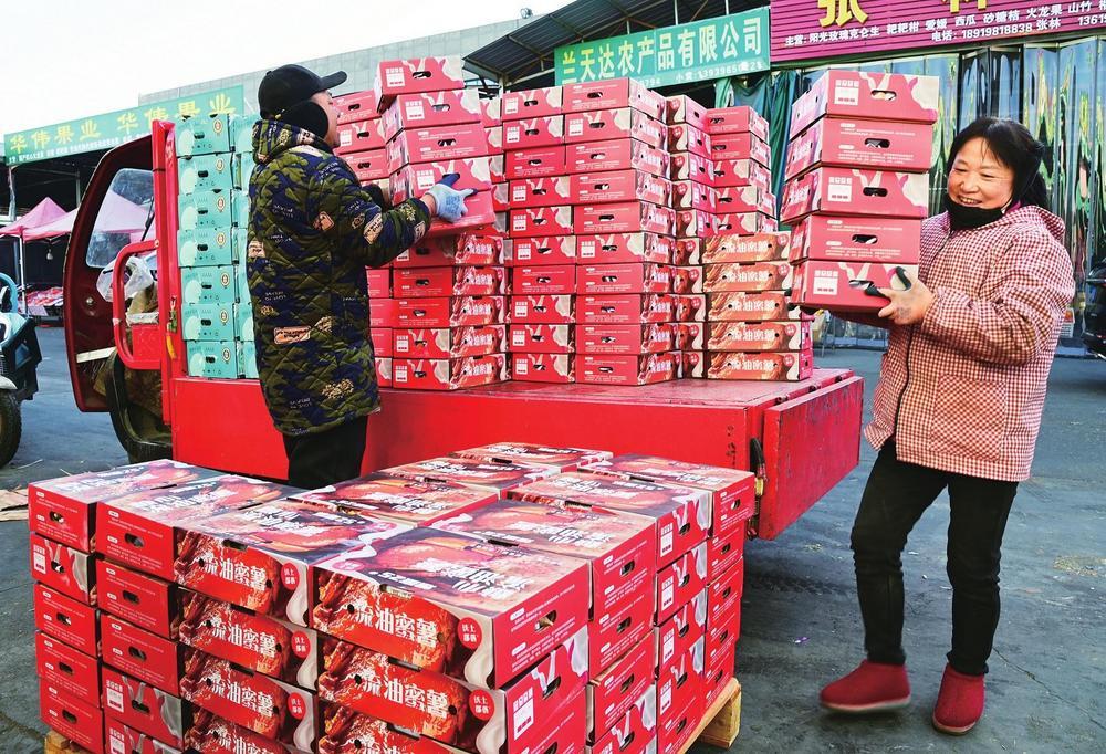 兰州高原夏菜交易中心一派繁忙景象,搬运工人在装卸货物。