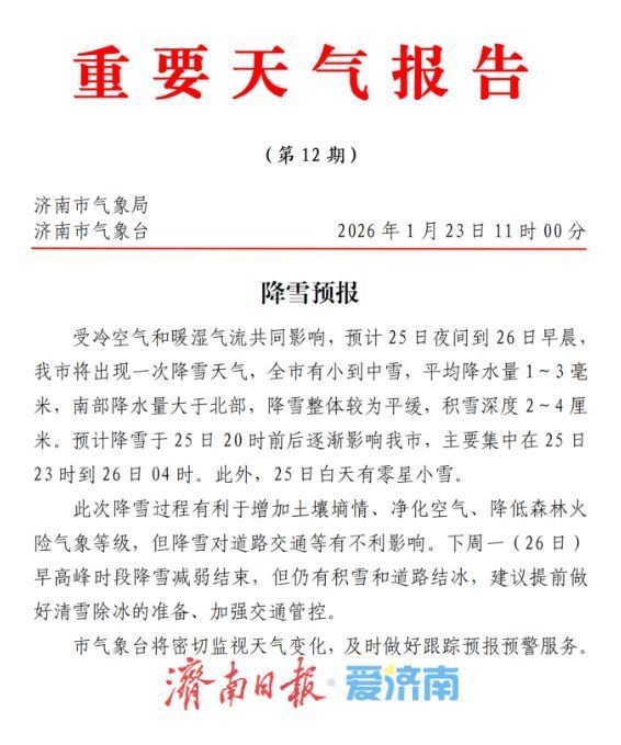 济南将迎小到中雪，积雪2~4厘米，具体降雪时间发布