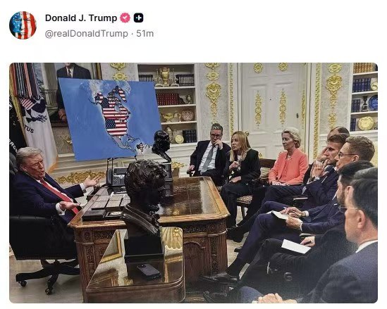 特朗普发布图片:手持美国国旗登上格陵兰岛