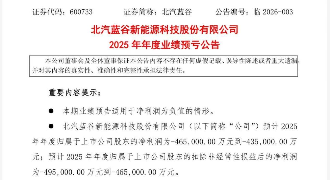 北汽蓝谷预计2025年亏损超40亿元，亏损较2024年大幅收窄