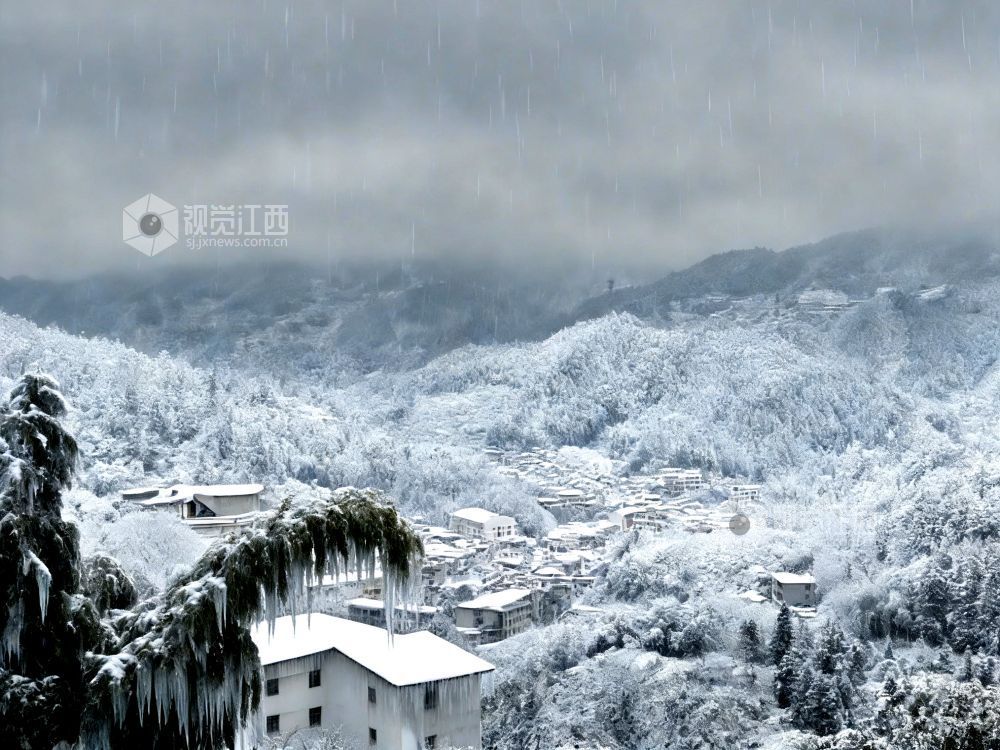 2026年1月21日，江西省遂川县高坪、营盘圩等山区乡镇，黛山、屋舍、田垄皆覆素白，宛如水墨画卷。