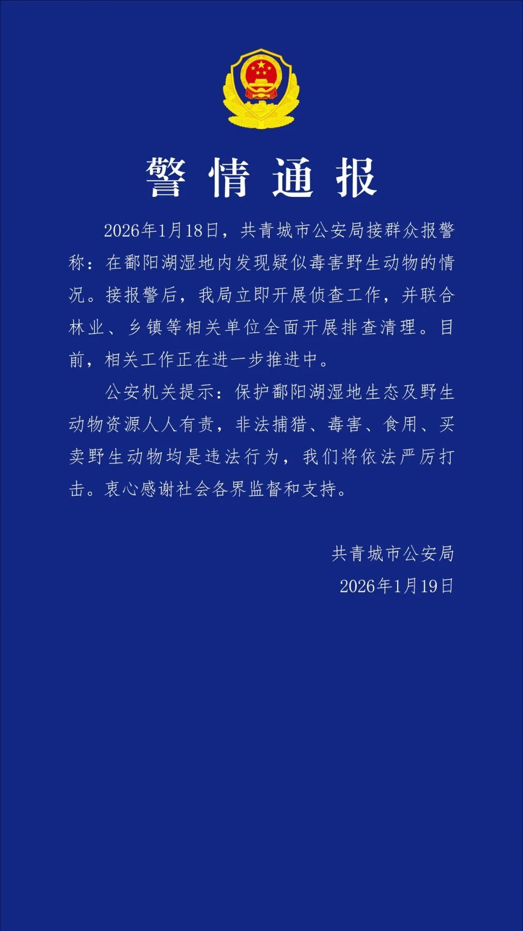 共青城警方通报鄱阳湖湿地野生动物疑被投毒：全面开展排查清理