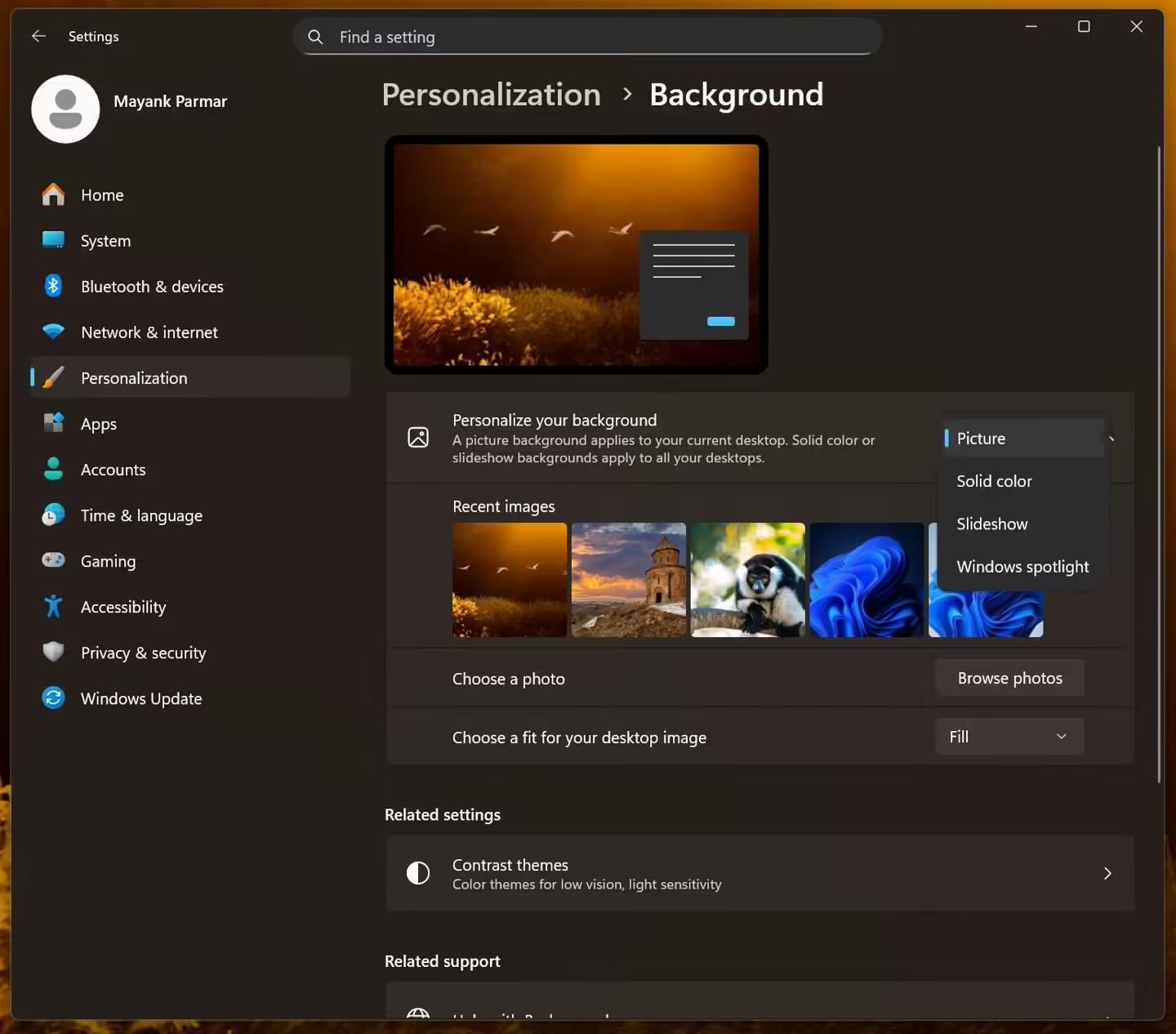 Spotlight feature in Windows 11 personalization settings