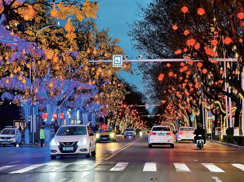 1月18日，车辆从西大街挂满红灯笼的行道树下驶过。随着春节的临近，平凉街头巷尾的节日气氛越来越浓。平凉日报记者　杨昕　摄