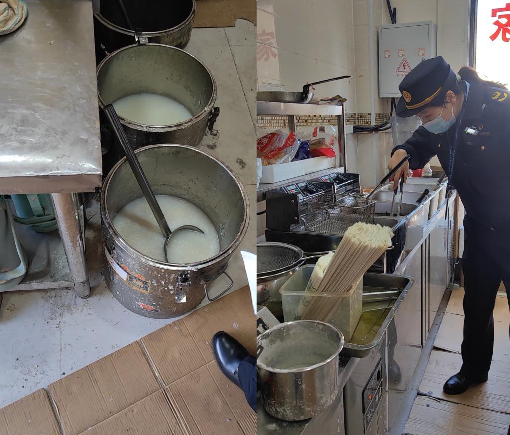 左图为某外卖店场景，右图为市场监管执法人员开展现场检查（拼版照片）。新华社记者 刘振坤 摄