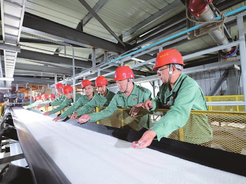 图为张庆金(右二)在心连心集团江西基地查看尿素生产情况