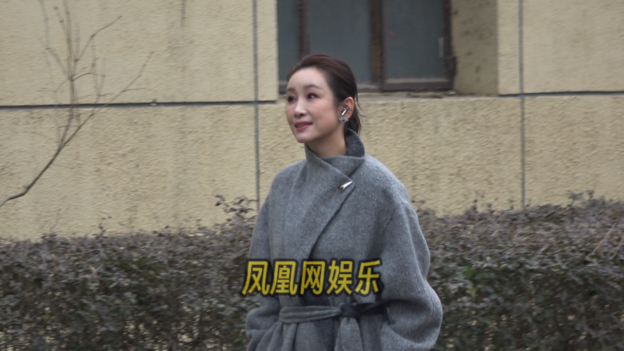 秦海璐现身2026央视春晚首次联排，一身灰色大衣好飒。