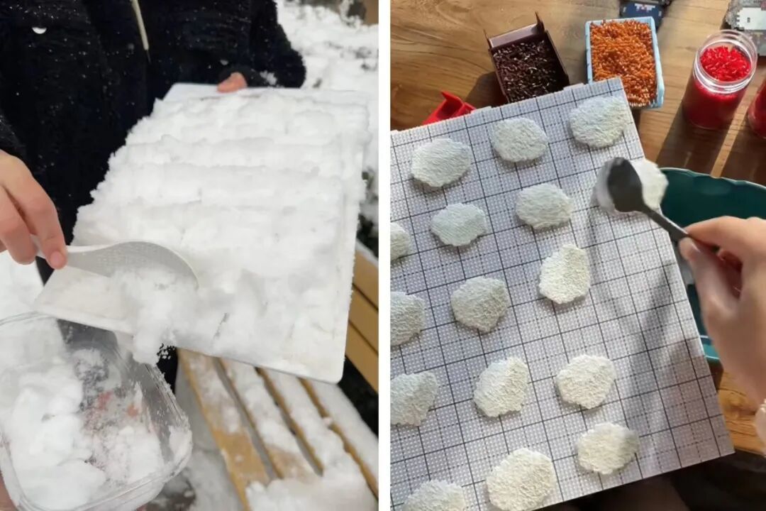 △网友用积雪、拼豆复刻“毛豆腐”短视频