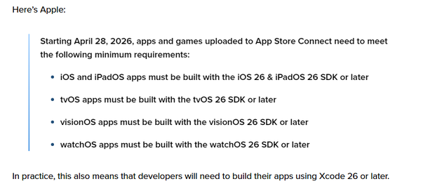 苹果更新App Store提交最低SDK要求 4月28日起实施