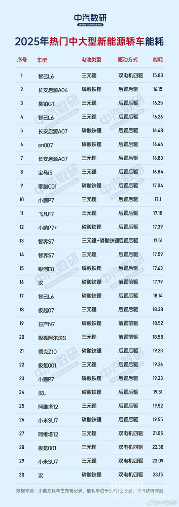 2025热门中大型新能源汽车能耗榜揭晓 智己L6能耗最低