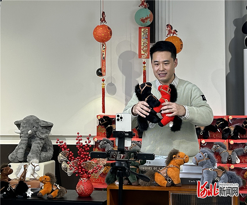 1月29日，伊呀呀毛绒玩具制造有限公司负责人李辉正在给直播间的顾客介绍产品。 河北日报见习记者 李靖恬摄
