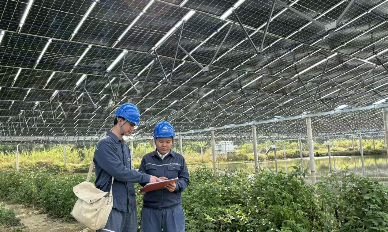 图为：工作人员检查光伏项目。