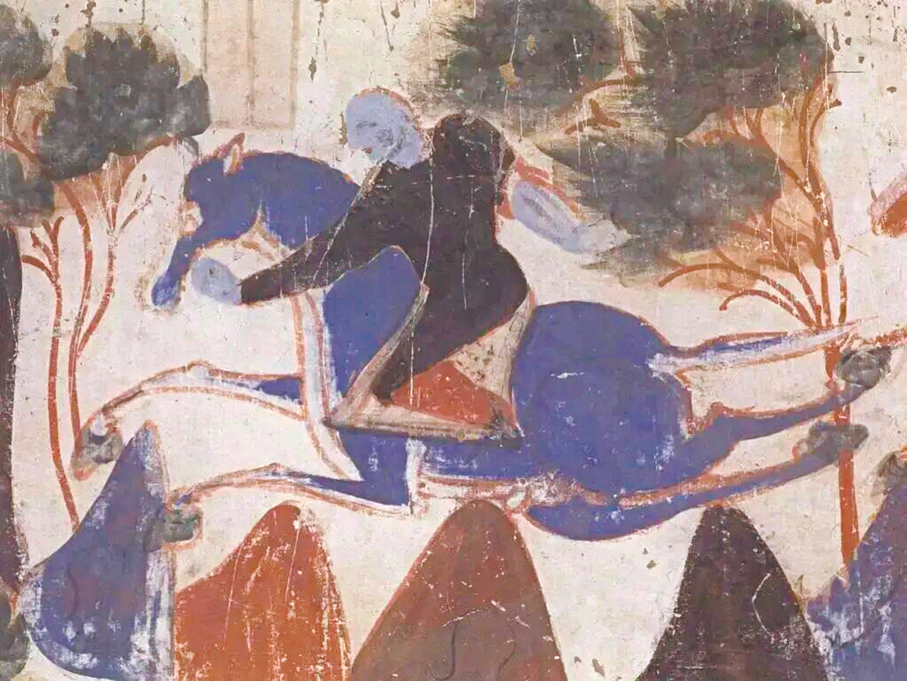 ●428窟壁畫中王子騎的藍色駿馬四蹄幾乎與地面平行　 作者供圖