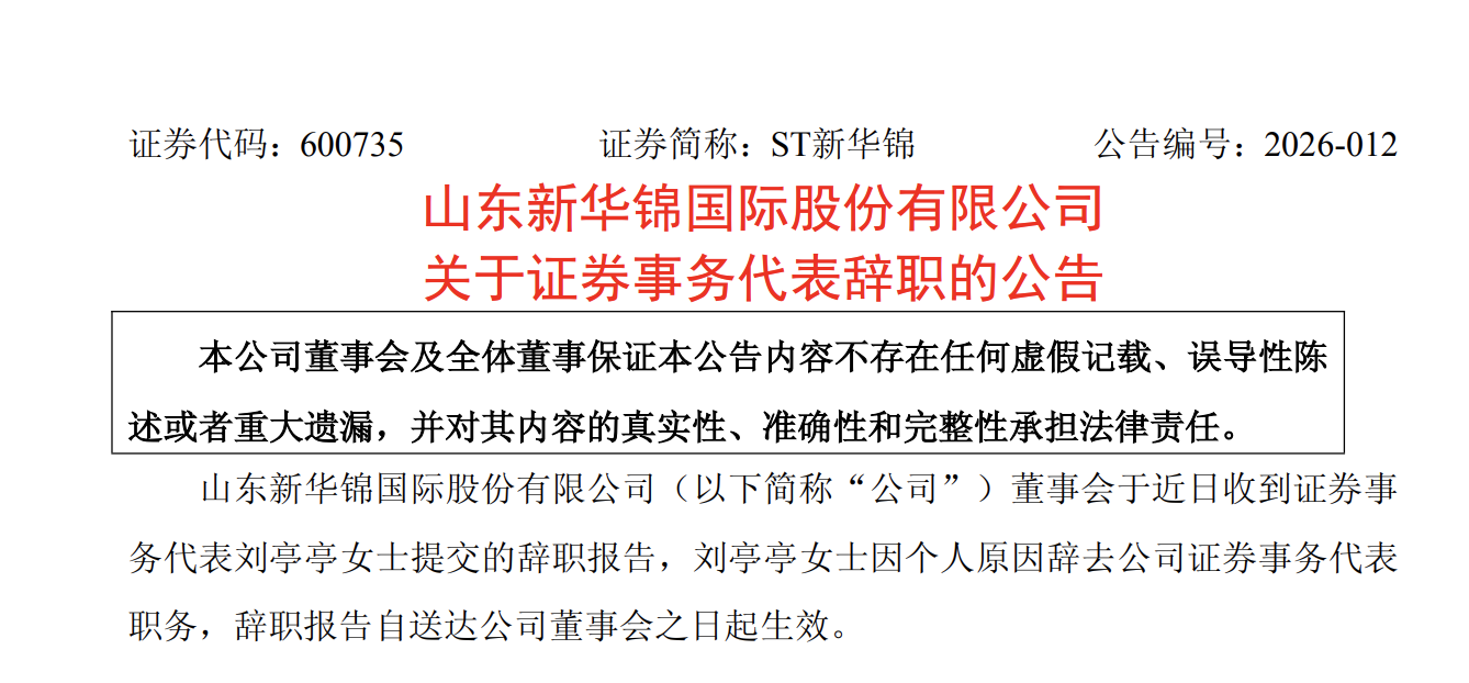 ST新华锦：证券事务代表刘亭亭辞职
