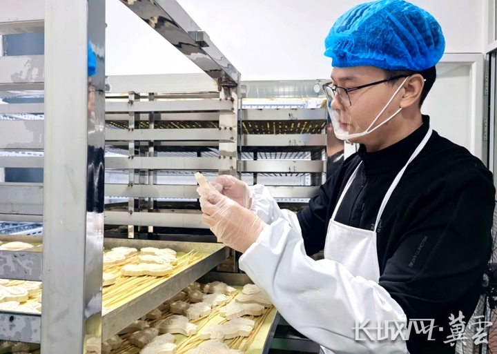 在旱碱麦面食加工基地，河北省人大代表万俊男正在查看生产情况。通讯员 任振宇 蒋向东 摄