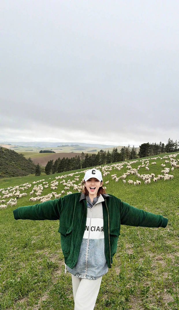 唐艺昕在大草原上与羊群合影。