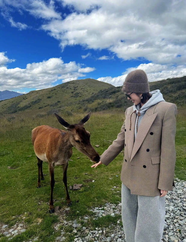 唐艺昕与动物互动。