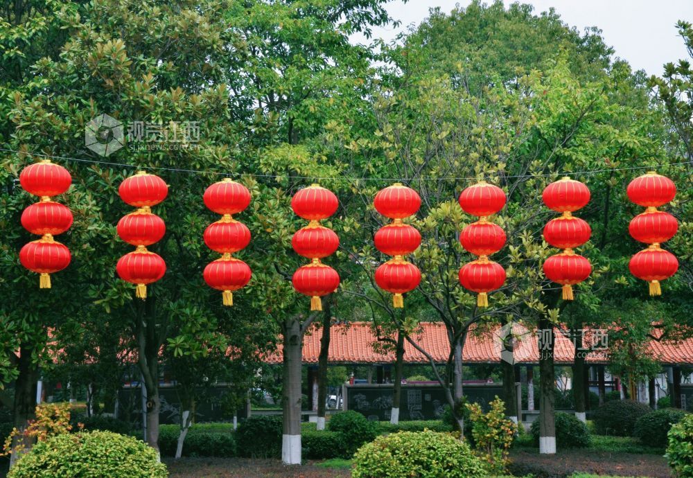 2月11日，新春临近，江西省吉安市永新县三湾公园里的红灯笼错落悬挂在绿植与枝干间，为城市增添了满满的节日气息。