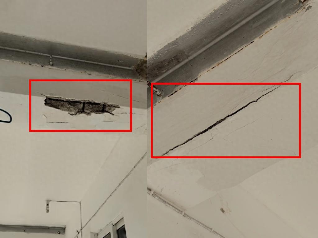 网友反映潜山市逆水初级中学宿舍楼挑梁出现开裂。受访者供图