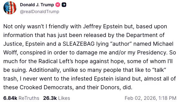 ▎2月2日,特朗普在其个人社交媒体账号上发布消息称,他与爱泼斯坦并不是朋友关系。图源:ABC