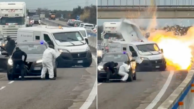 意大利蒙面劫匪封路炸运钞车，与警方枪战