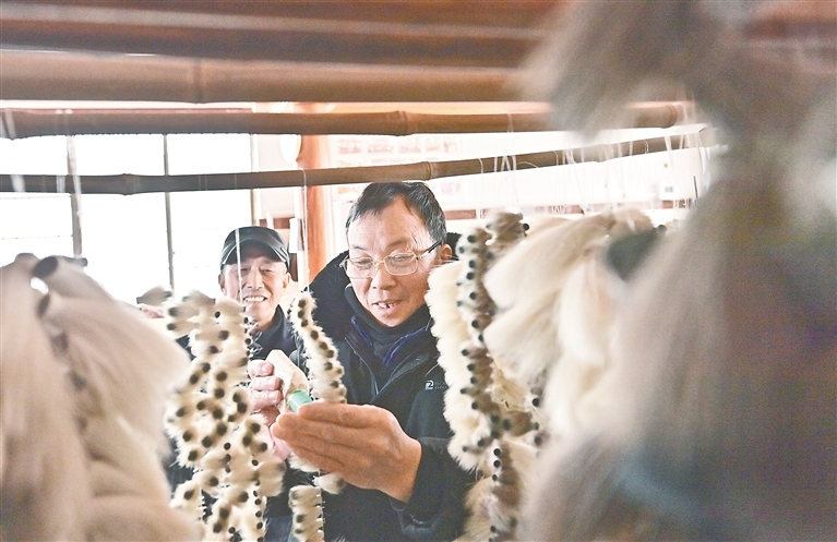 文港毛笔制作技艺国家级非遗代表性传承人周鹏程正在认真制作笔头。