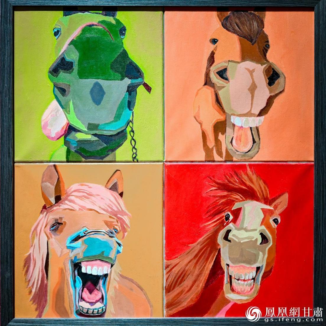 参展油画《开心一刻》以四格画面捕捉骏马鲜活神态，明快色彩与夸张表情相映成趣。李德宇　摄